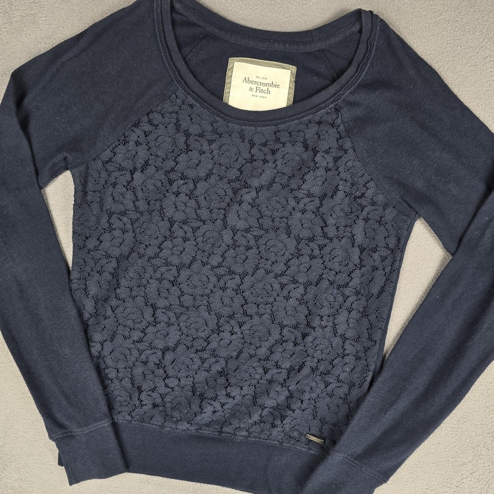 Vtg Y2K Abercrombie & Fitch Shirt Women XS Navy Lace Raglan‎ Pullover Floral